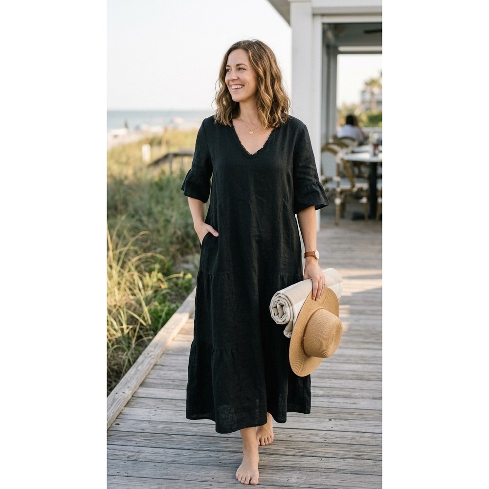 European Linen Midi‎ Dress Women One Size Black Tiered V-Neck Minimalist Italy